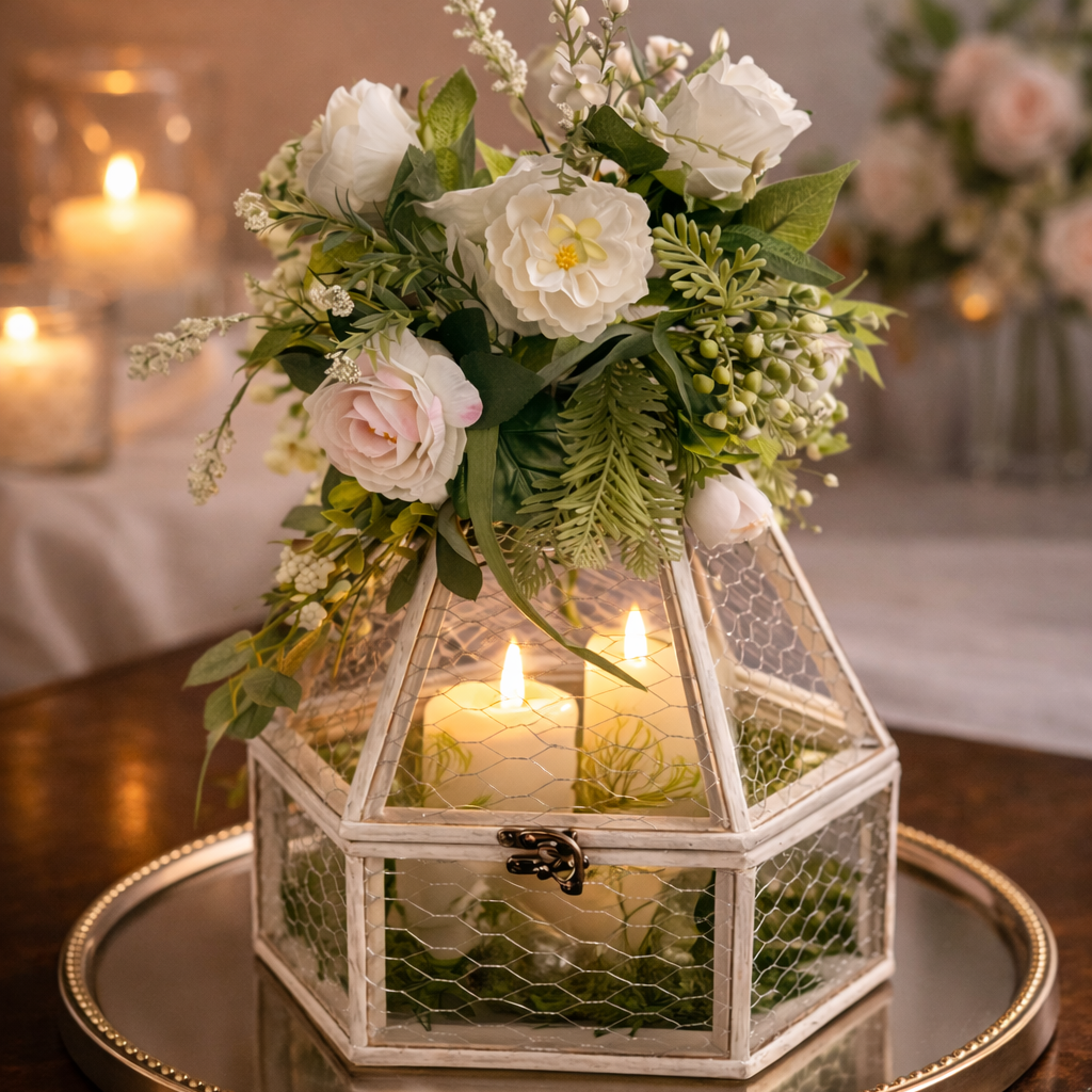 Decorative terrarium with flowers and candles on a table